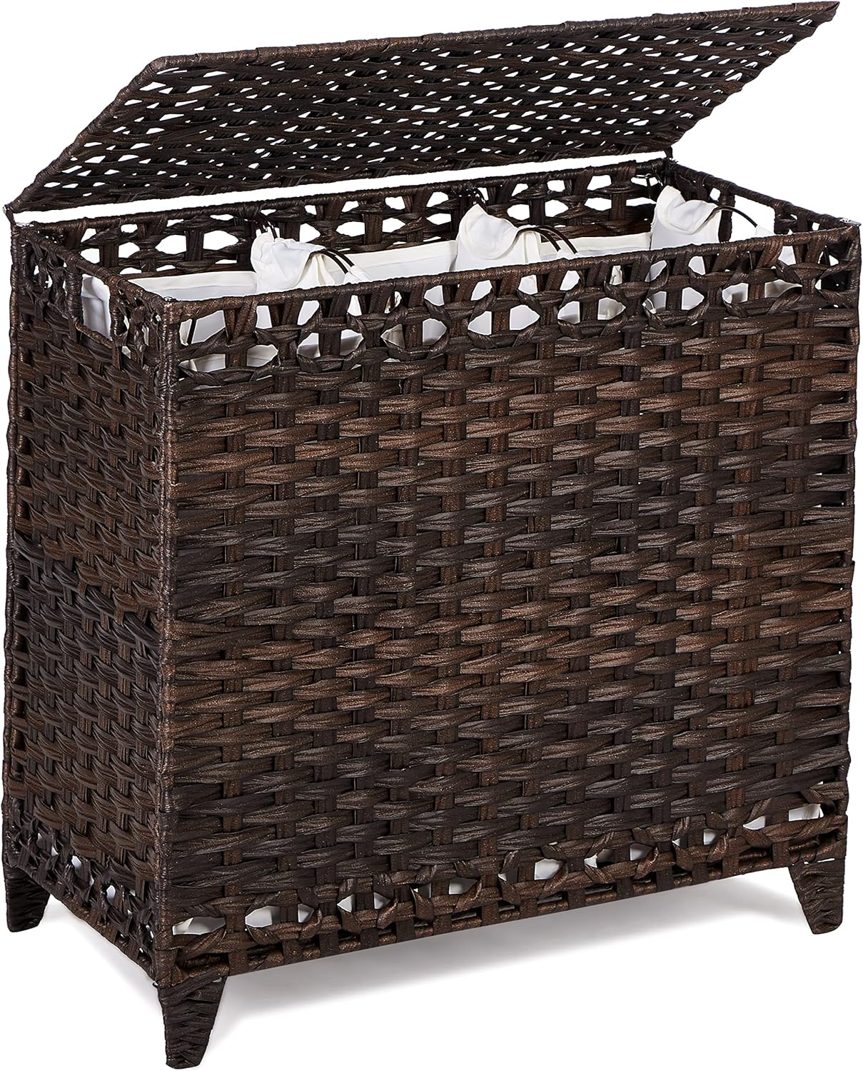 Installing Hermina Laundry Hamper Rattan 3 Compartments Removable Liner on a wooden floor in a bedroom