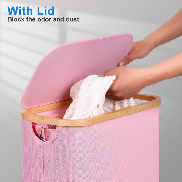 Efluky Laundry Hamper Bamboo Frame Dustproof Pink Modern-3