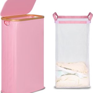 Efluky Laundry Hamper Bamboo Frame Dustproof Pink Modern-0