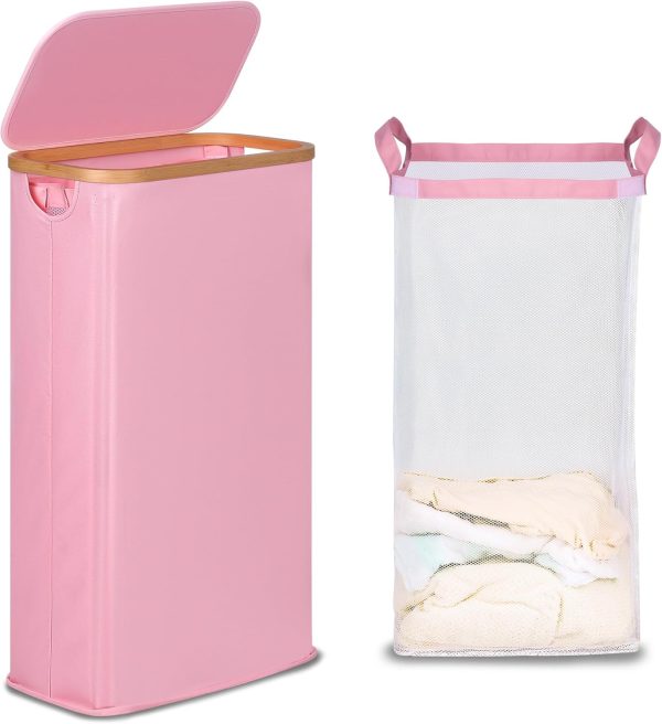 Efluky Laundry Hamper Bamboo Frame Dustproof Pink Modern-0