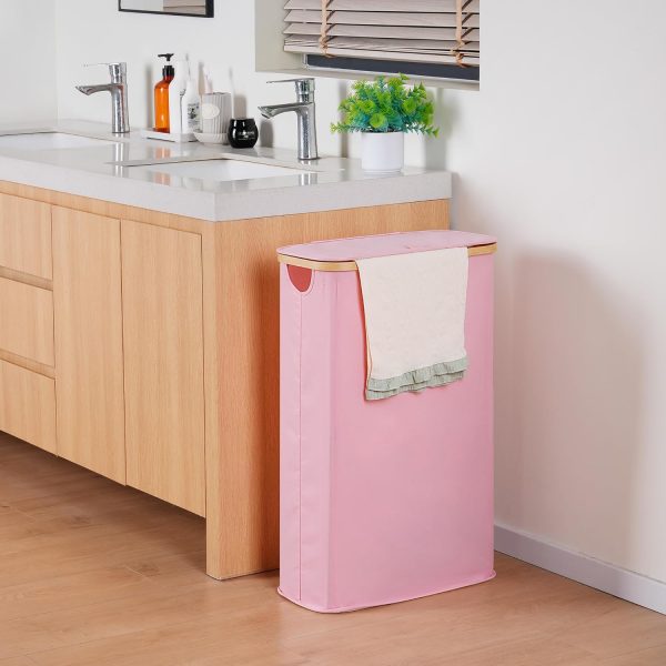 Efluky Laundry Hamper Bamboo Frame Dustproof Pink Modern-1
