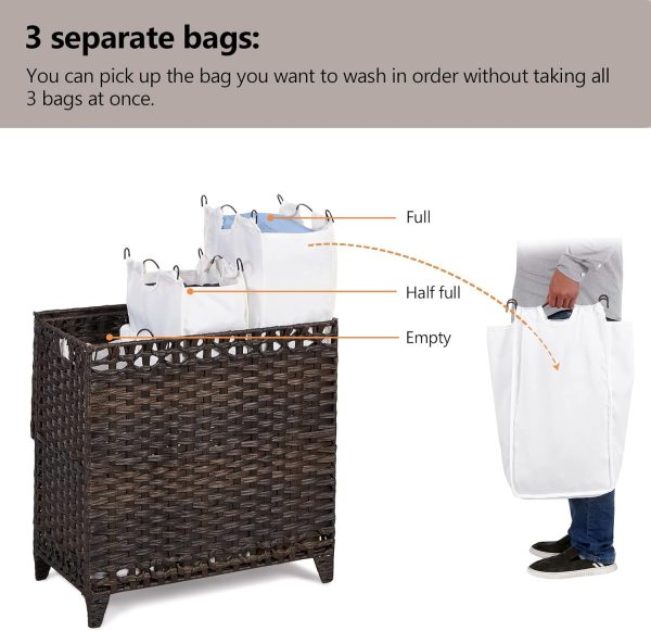 Hermina Laundry Hamper Rattan 3 Compartments Removable Liner-2