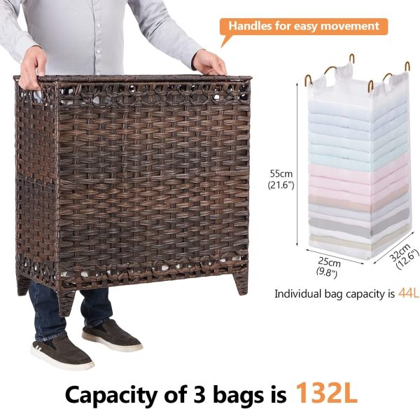 Hermina Laundry Hamper Rattan 3 Compartments Removable Liner-3