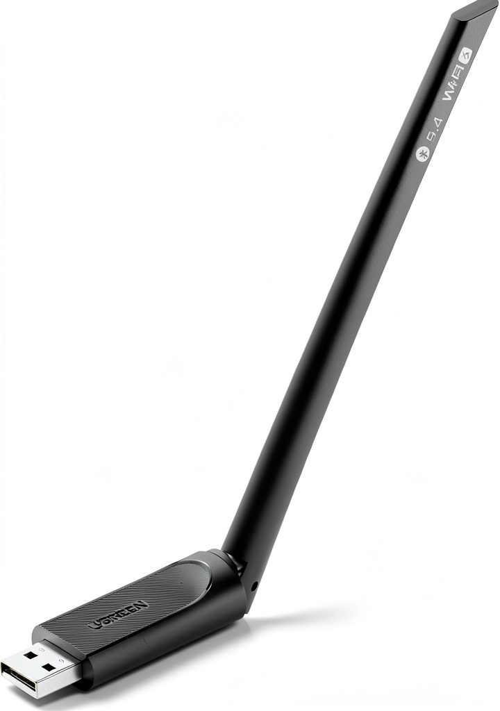 UGREEN WiFi 6 USB Adapter plugged into a desktop PC with antenna positioned for optimal signal